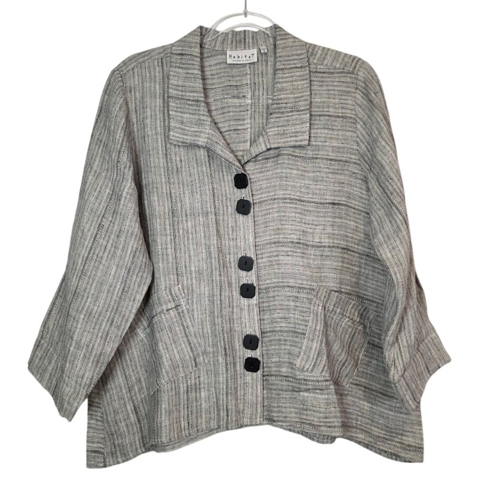Habitat Women's M Jacket Black White Striped 100% Linen Button Front Lagenlook